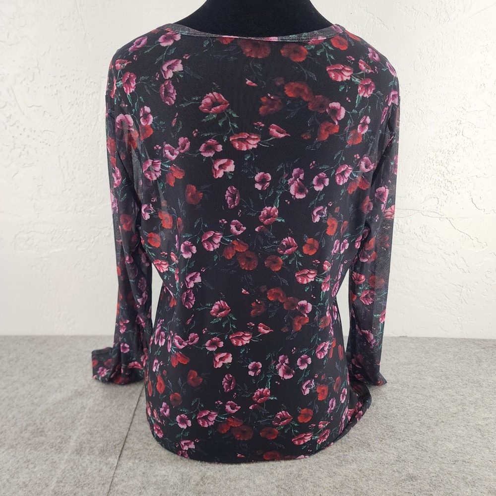 Black Floral Mesh Long Sleeve Sheer Poppy Print Top Womens Large - Picture 4 of 6